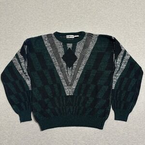 Urban Works Vintage 90s Geometric Leather Trim Acrylic Sweater Green Mens Large